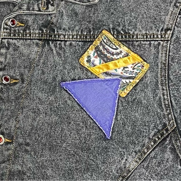Vintage GET! Womens Medium Acid Wash Faded Black Denim Patchwork Jean Jacket - Picture 4 of 11